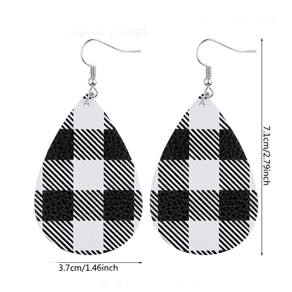 Earrings, Teardrop Plaid / Checkered Faux Leather - Picture 2 of 4